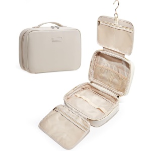 EACHY Double Layer Makeup Bag, Large Capacity Travel Cosmetic Bag Organizer with Brush Compartments, Waterproof Toiletry Bag for Women for Essentials, Toiletries, Cosmetics, Pink